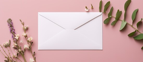 A mock up photo of a white envelope and blank postcard made of craft paper is seen from above in a studio setting The items are isolated on a pink background providing plenty of space for your text o
