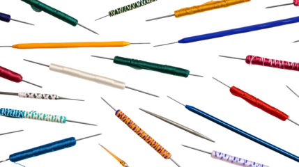 A vibrant array of colorful threads scattered isolated on a white background, transparent background. creating a dynamic and textured visual.