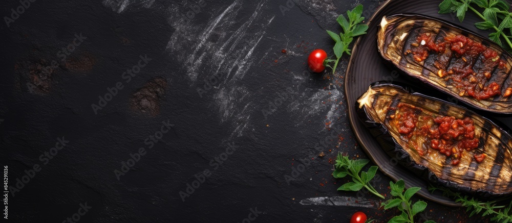 Aufkleber A top down view of grilled eggplant aubergine with sauce presented on a dark stone background that provides ample copy space for text or images