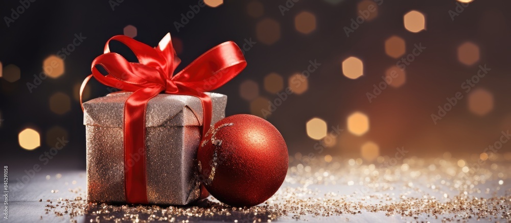 Poster a festive gift box adorned with a vibrant red ribbon bow and a christmas ball sits gracefully on a g