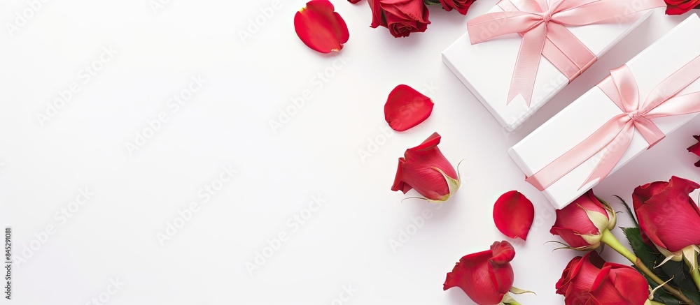 Aufkleber A flat lay composition features a pristine white background adorned with a blank canvas vibrant roses and gift boxes It serves as a mockup for design offering ample copy space