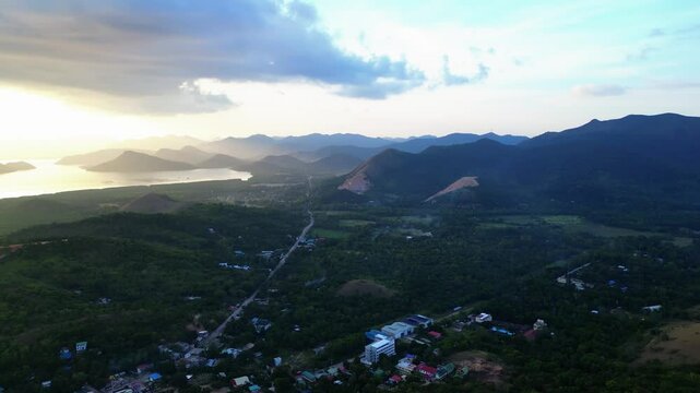 Aerial Drone During Sunset Pan Right Coron Harbor To Mount Tapyas
