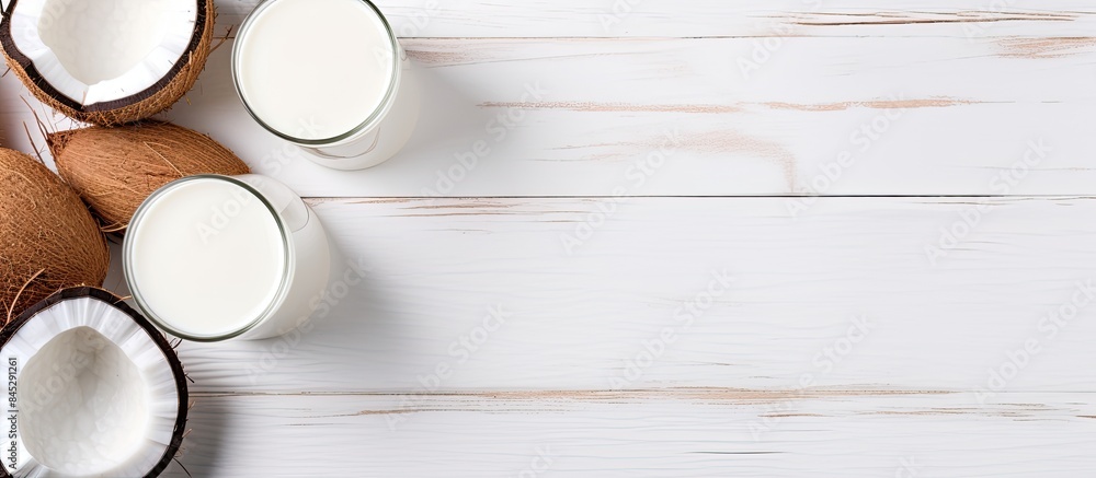 Poster flat lay copy space image of coconut products on a white wooden table background including a dairy f