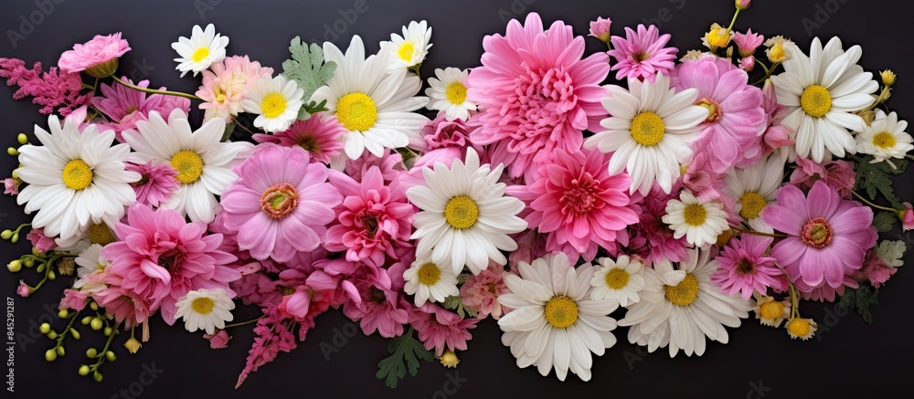 Aufkleber Top view of a black background with a composition of delicate summer flowers including a bouquet of pink roses and white daisies There is copy space available for adding text