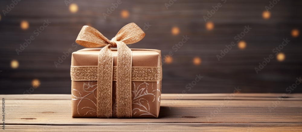 Aufkleber a beautifully decorated vintage gift box with a delicate bow sits on top of a rustic wooden backgrou