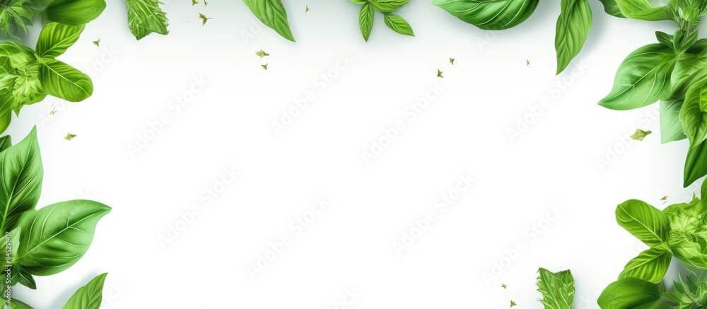 Aufkleber Isolated on a white background there is a botanical picture featuring a frame adorned with basil leaves creating a visually appealing copy space image