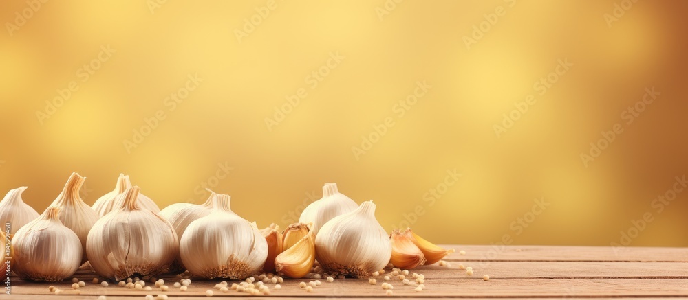 Aufkleber A close up of garlic on a wooden board with garlic heads neatly arranged on a vintage yellow table There is ample copy space next to the spices for adding text