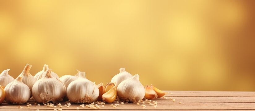 A close up of garlic on a wooden board with garlic heads neatly arranged on a vintage yellow table There is ample copy space next to the spices for adding text