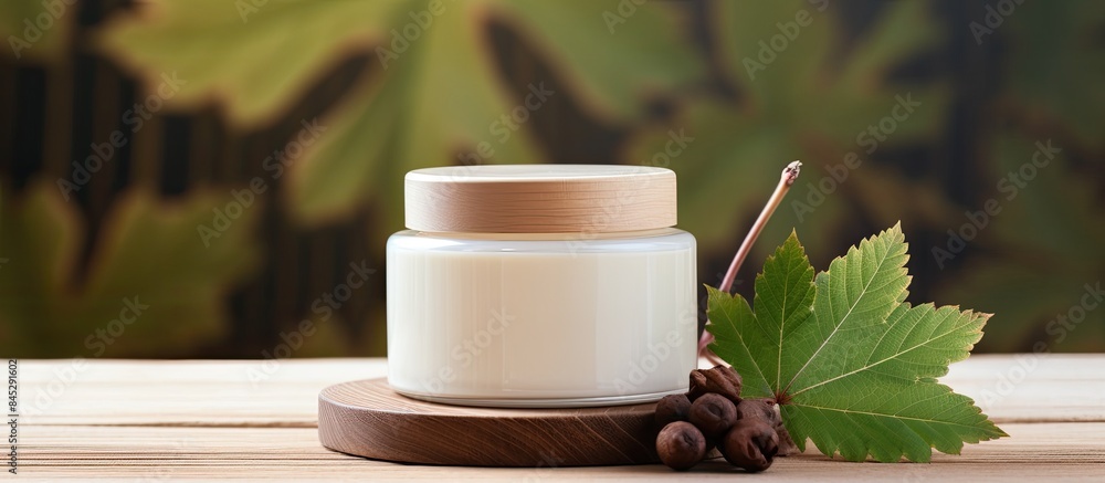 Poster natural organic cosmetics concept with cream jar and horse chestnut leaf placed on a wooden stand cr