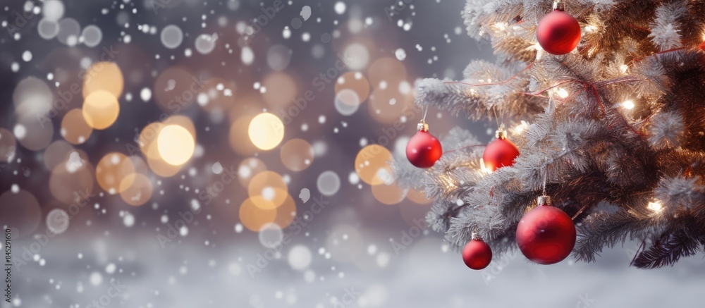 Poster a festive christmas background featuring a decorated tree adorned with silver and red baubles the bo