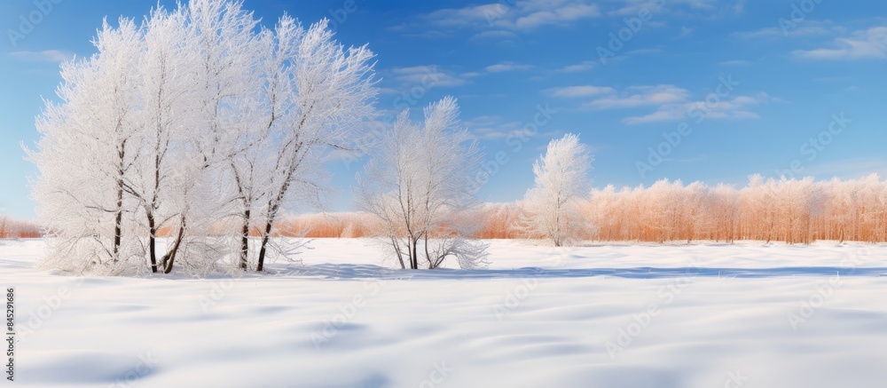 Aufkleber in a winter landscape young trees with dry red foliage are covered in snow the trees stand under a b