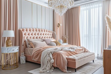 /imagine A luxurious bedroom with light pink silk curtains, a peach velvet bed, marble side tables, and gold accents, illuminated by a crystal chandelier, creating an opulent yet inviting space.