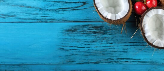 Bright blue textured wooden background with a half coconut accompanied by strawberries coconut wedges and shreds Perfect for copy space image