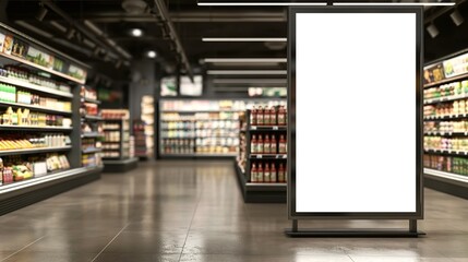 Empty poster stand in the middle of a modern grocery store with fully stocked shelves in the background.
