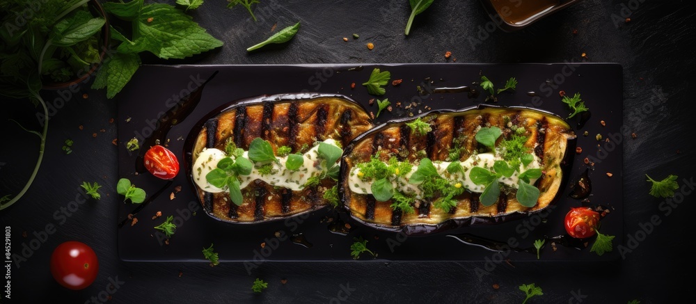 Poster A top down view of grilled eggplant aubergine with sauce presented on a dark stone background that provides ample copy space for text or images