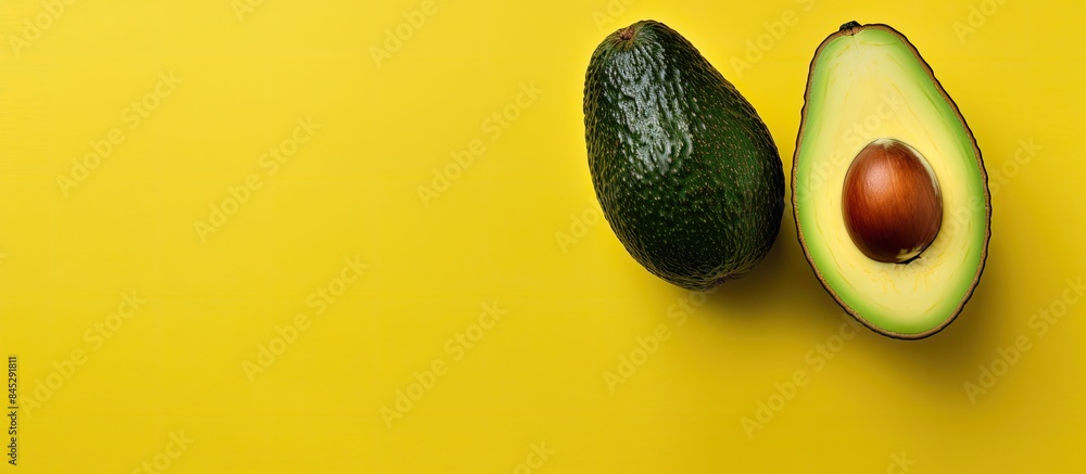 Poster a top down view of two delicious ripe organic avocado halves placed on a bright yellow kitchen table