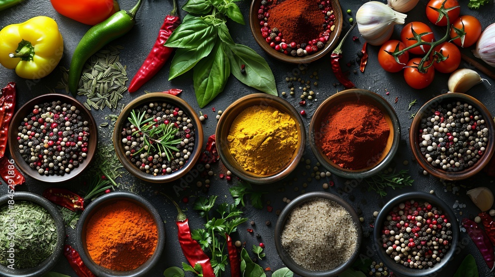 Poster various spices and fresh vegetables are arranged on a dark kitchen table. generative ai