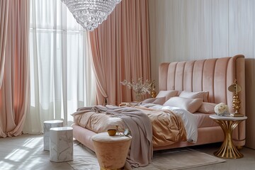 /imagine A luxurious bedroom with light pink silk curtains, a peach velvet bed, marble side tables, and gold accents, illuminated by a crystal chandelier, creating an opulent yet inviting space.