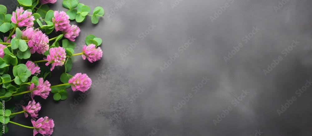 Poster A lovely summer background featuring pink clover flowers and green leaves against a grey asphalt backdrop providing space for additional images or text