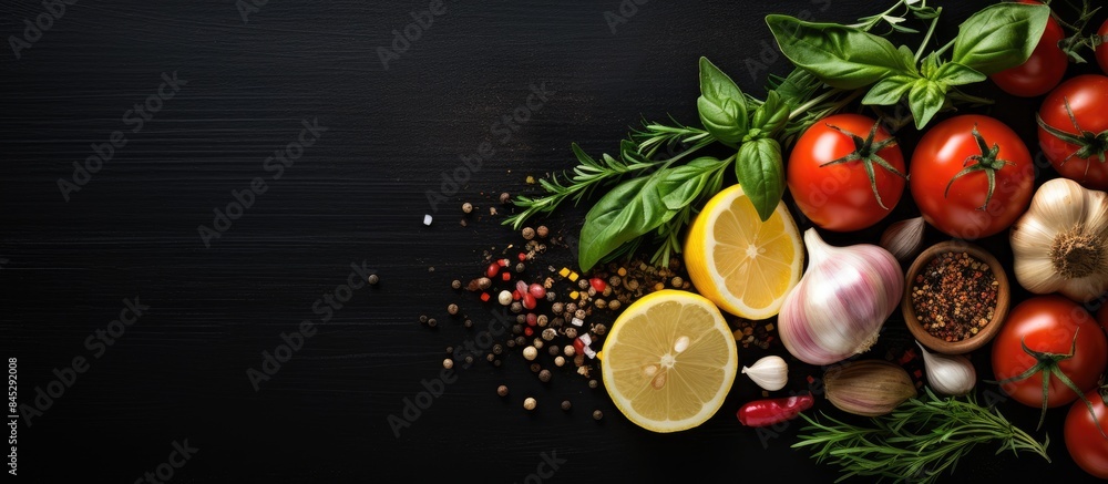 Aufkleber a top view image of fresh basil rosemary tomato garlic onions and lemon on a black kitchen table cre