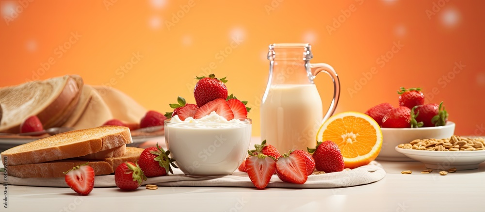 Poster A nutritious breakfast spread featuring toast orange juice cereal milk yogurt and strawberries with ample copy space for additional elements