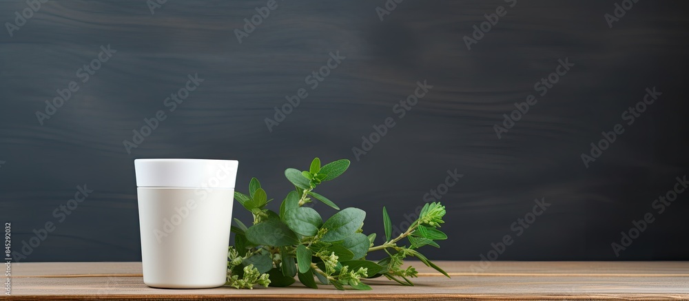 Poster a close up view of a white tube of cosmetic cream displayed on a wooden podium adorned with flowers 