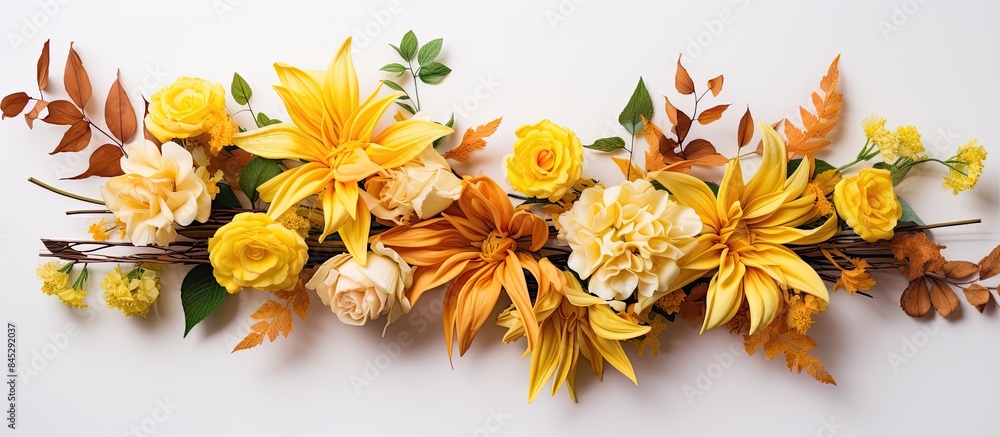 Aufkleber a yellow bouquet of fresh flowers arranged on a white surface captured from a top down perspective o