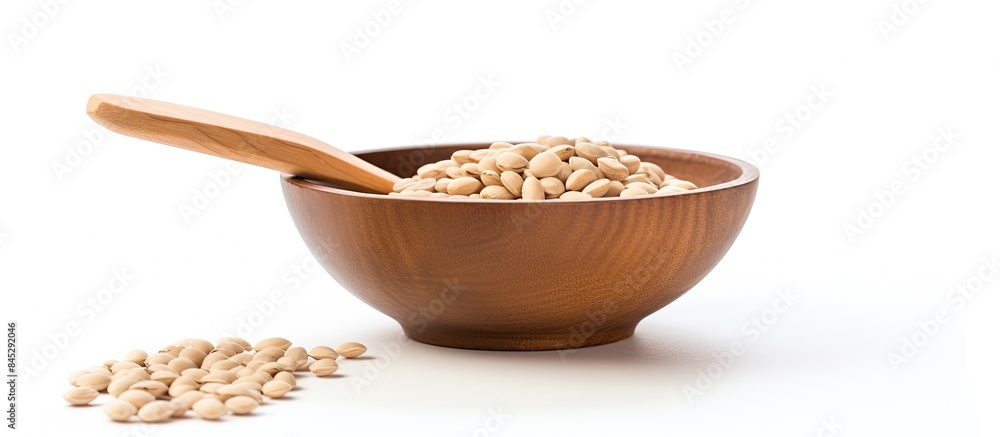 Poster a wooden bowl filled with raw dried beans sits on a white background a spoon is placed next to it of