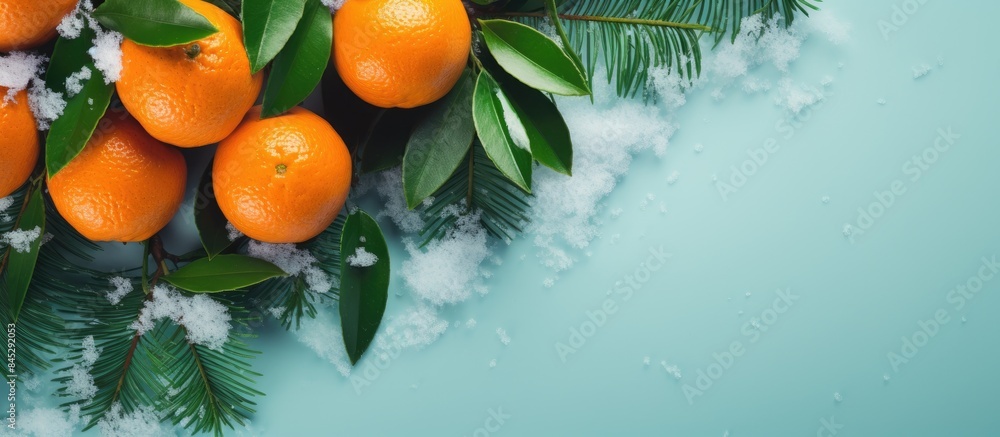 Aufkleber snow covered fir branches and vibrant tangerines contrast beautifully against a light green backdrop