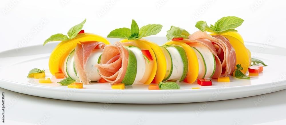 Poster a healthy eating concept is depicted in the image showing rolls of mozzarella basil and parma ham pl
