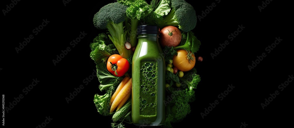 Poster a health oriented concept with green vegetables and smoothies contained in a plastic bottle presente