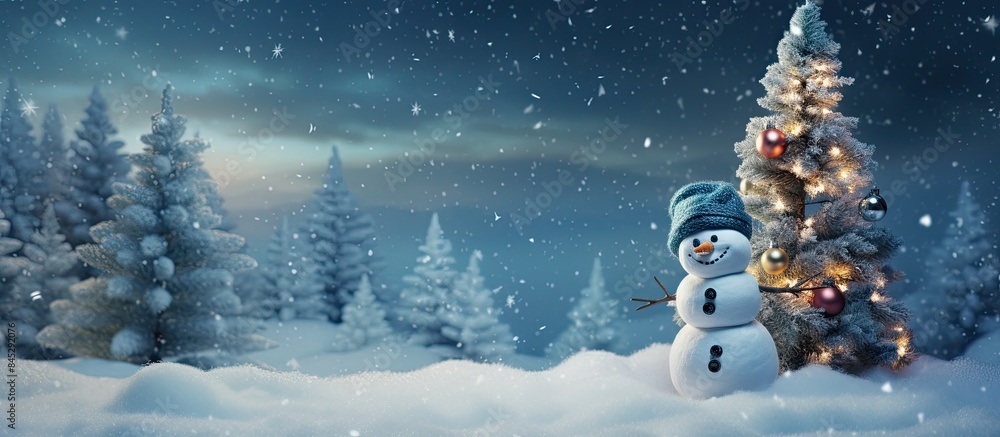 Leinwandbilder a snowy christmas scene decorated with a christmas tree and a snowman providing a festive holiday at