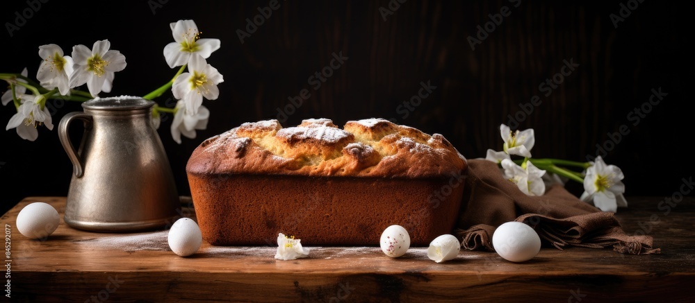 Fototapete a kraffin an easter cake is placed on a wooden table with a dark background creating a lovely displa