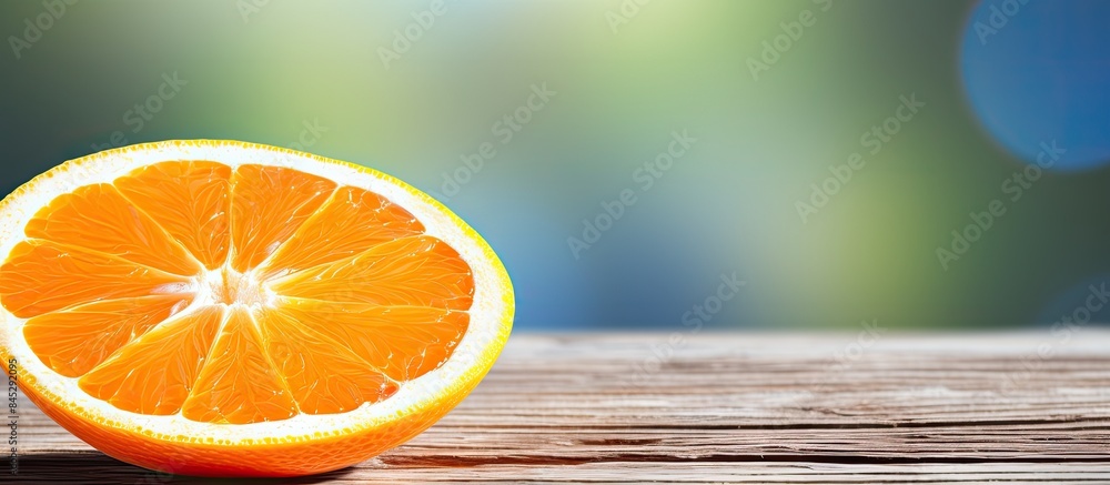 Poster a vibrant orange slice adds a burst of flavor on a rustic wooden surface it s a refreshing vegan sna