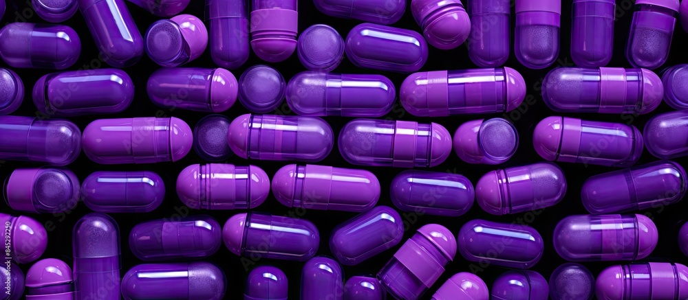 Aufkleber A collection of medicine bottles filled with purple pills arranged neatly in a flat lay formation creating a visually appealing copy space image
