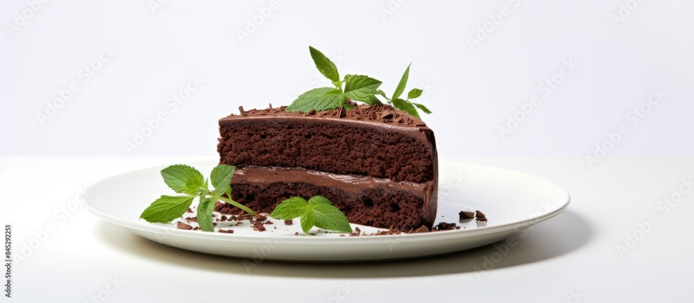 Canvas Prints A vegan chocolate cake sits on a white plate against a white background creating a clean and minimalist aesthetic This image is ideal for showcasing plant based food concepts Plenty of copy space is