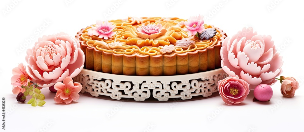 Poster a vibrant mooncake adorned with colorful flowers a traditional chinese treat is showcased on a white
