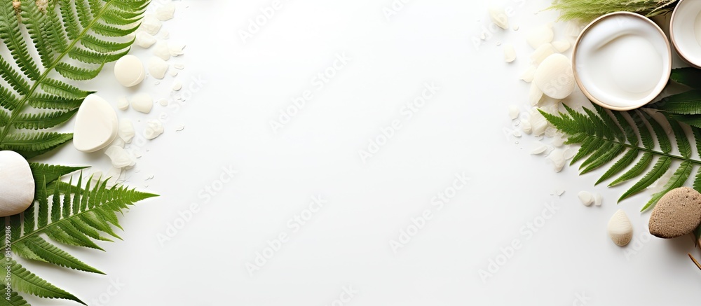 Poster a beautiful spa setting with various cosmetic products like creams gels bath salts and fern leaves p