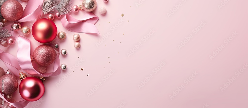 Poster A minimal Christmas themed flat lay composition featuring pink decorations on a pastel pink background The image has a lot of empty space for text or other elements. Creative banner. Copyspace image