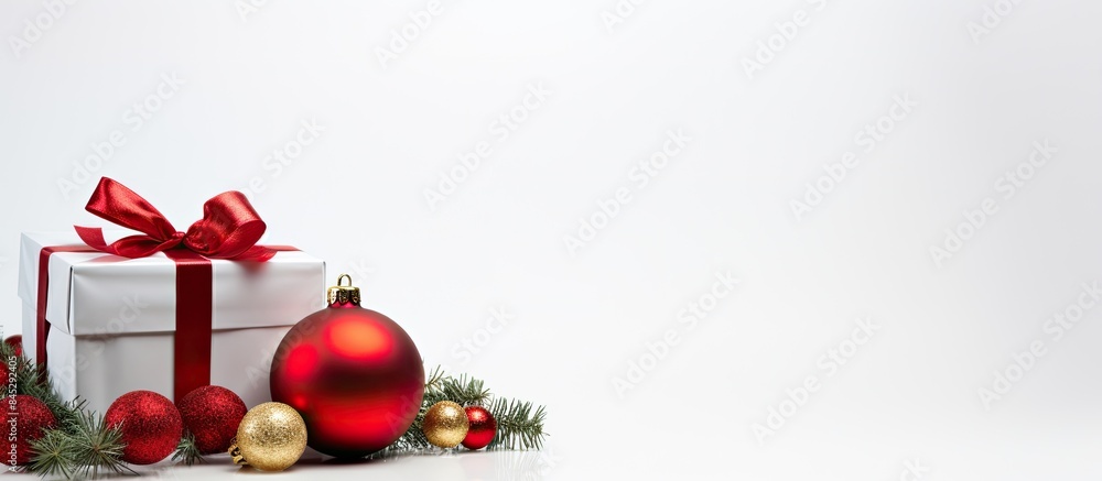 Poster a beautifully wrapped white gift box with a red satin bow and curly ribbon is placed under a christm