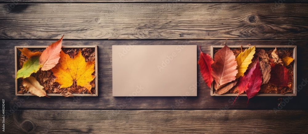 Poster postcards with a wooden background capturing the essence of autumn beautifully framed by colorful le