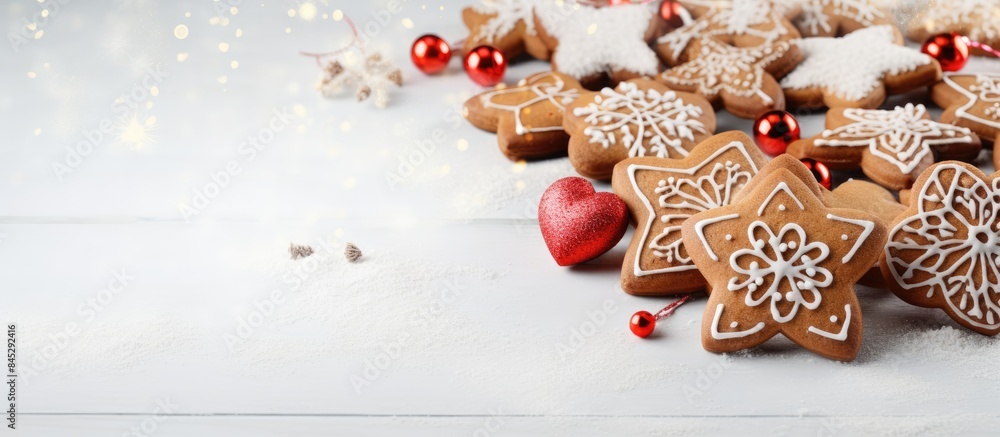 Poster closeup of delicious heart shaped gingerbread cookies and christmas decorations beautifully arranged