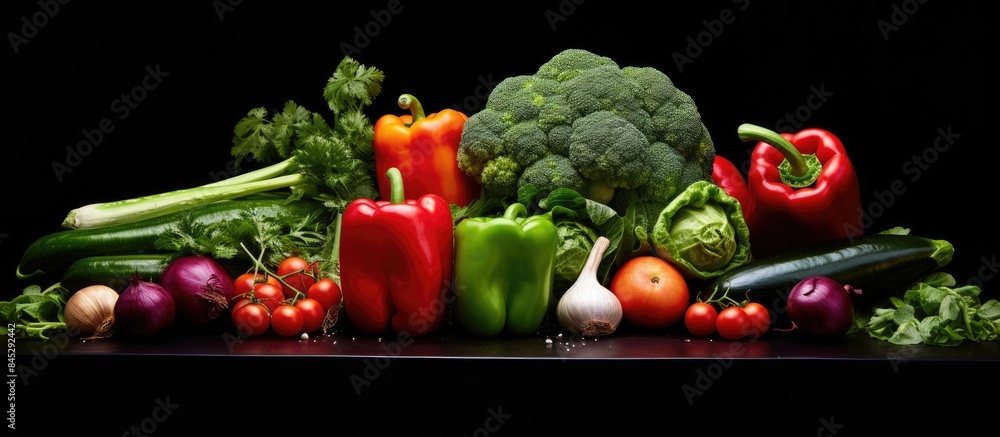 Poster fresh organic vegetables including peppers leek and greens are displayed on a black background this 