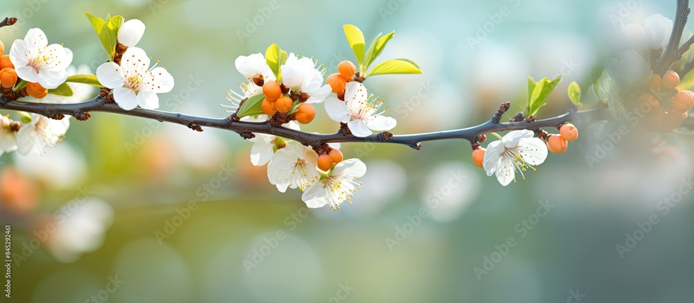 Poster a beautiful orchard with apricot tree branches bearing spring flowers the image showcases the full b