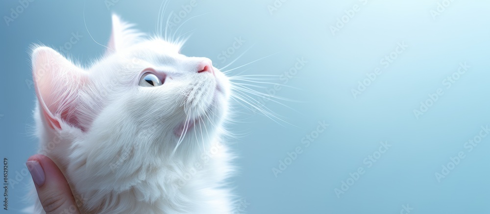 Wall mural Close up of a white cat s head with its face turned upwards being held by a hand The cat is isolated on a blue background leaving ample space for additional content