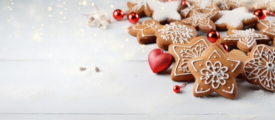 Closeup of delicious heart shaped gingerbread cookies and Christmas decorations beautifully arranged on a white marble table with plenty of space available for text in the image. Creative banner