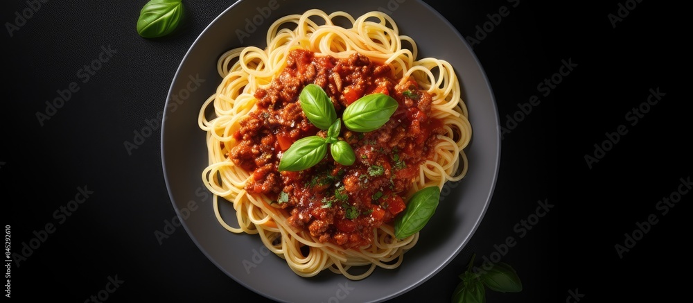 Poster top view of a traditional italian spaghetti bolognese arranged on a gray background the image is a r