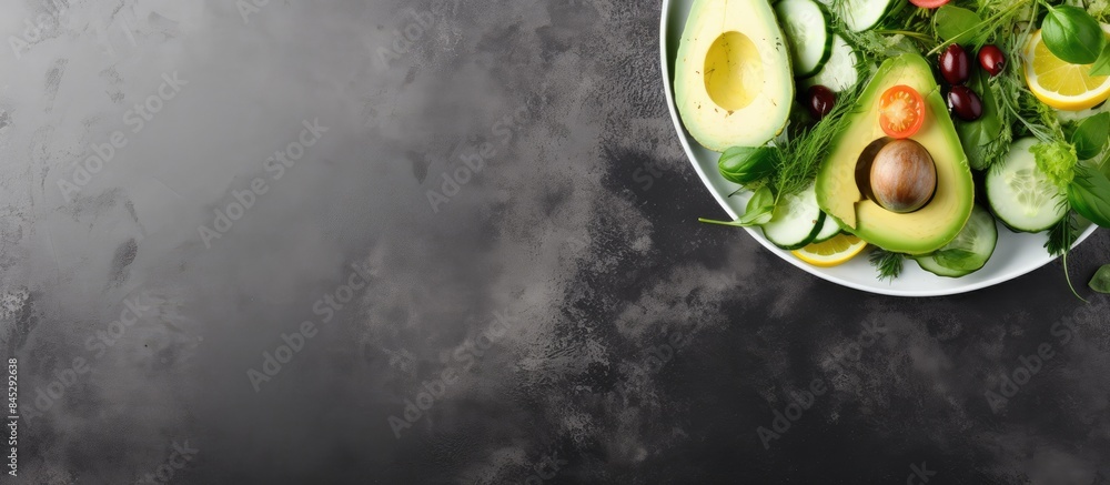 Poster A top down view of a green vegetable salad with cucumber green pea and avocado on a rustic plate placed on a background of grey slate stone or concrete The image includes empty space for text