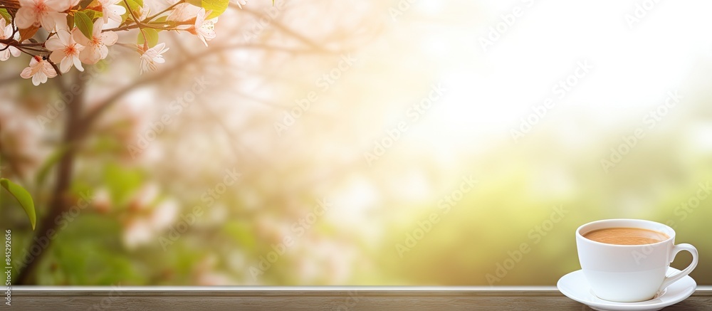 Aufkleber A blank template with a cup of coffee flowers on a tree background and ample copy space image for your design It features a responsive design layout