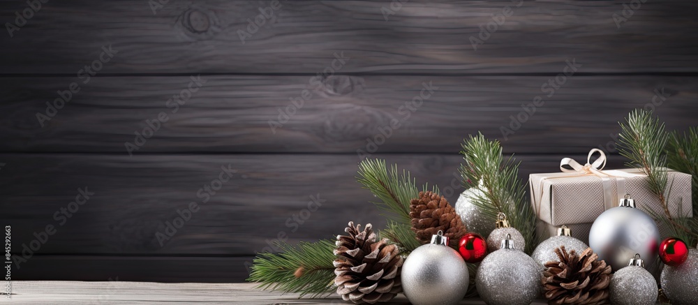 Poster a festive arrangement of christmas ornaments including tree branches a gift box pine cones and marsh